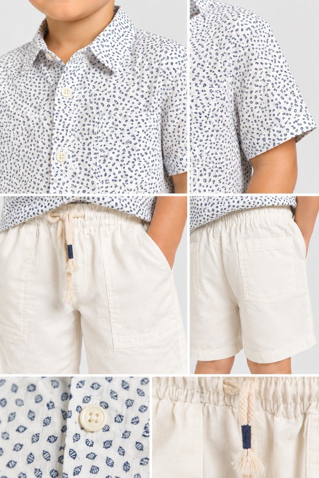  La'Ciel Boy's Linen Shorts Set Patterned Short-Sleeved Shirt and Shorts with Tie Waist 2-Piece Summer Combination 