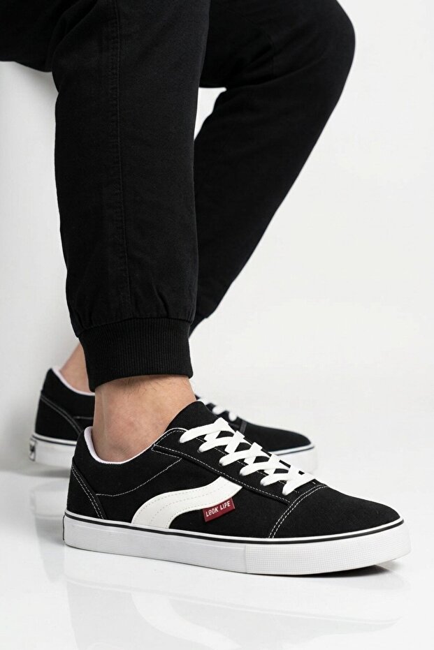 Black Linen Laced Lightweight Comfortable Sole Men's Canvas Walking and Sports Shoes 1002 m