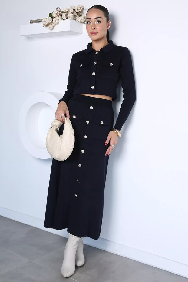 Dark Navy Blue Button Detailed Cardigan Skirt Hijab Knitwear Two-Piece Set (Fits S-M-L Sizes)