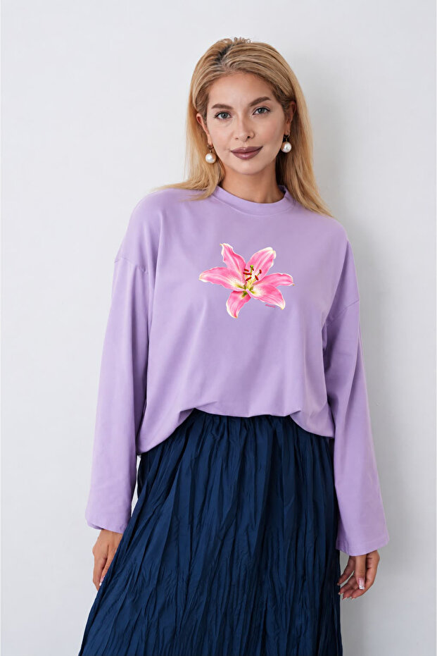 Women's Lily Flower Printed Long Sleeve Oversize Bodysuit