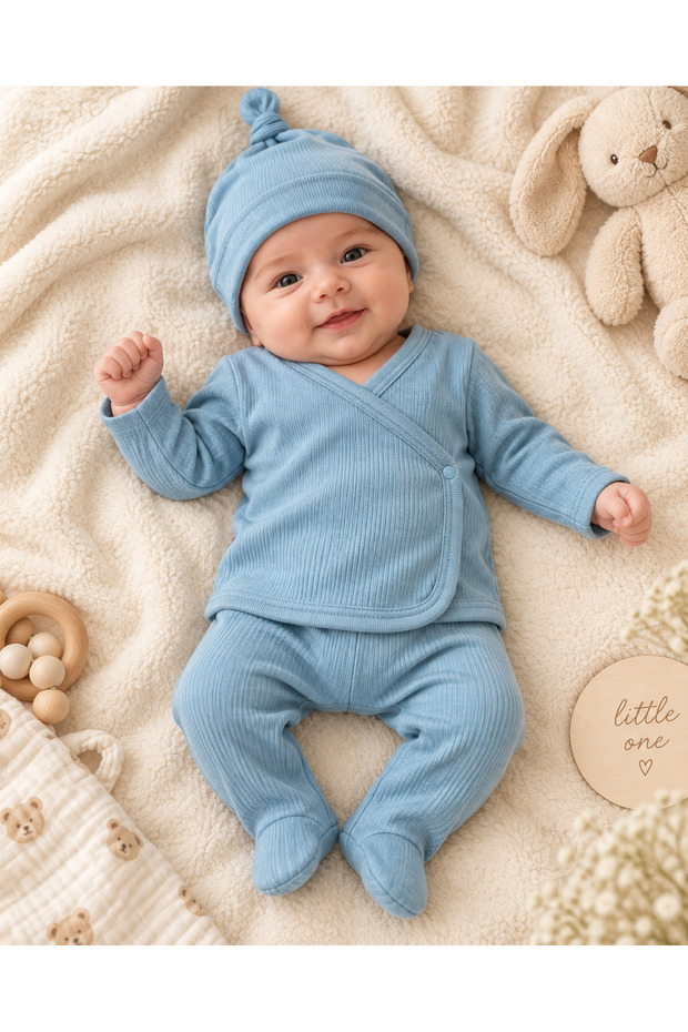 Baby Blue Corduroy 3-Piece Hospital Discharge Set – Double-Breasted Top, Booties, and Knotted Beanie 0-3 Months