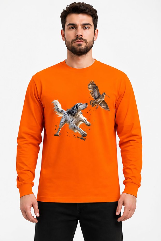 Men's Outdoor Hunting English Setter Çulluk Av Printed Crew Neck Long Sleeve 24/1 T-Shirt
