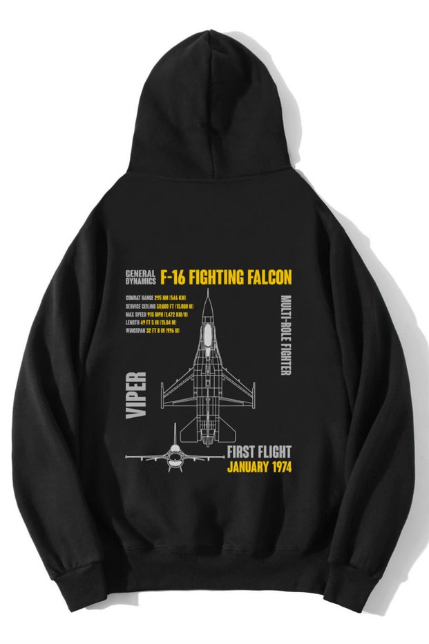 Unisex Oversize General Dynamics F-16 Fighting Falcon Hoodie Black