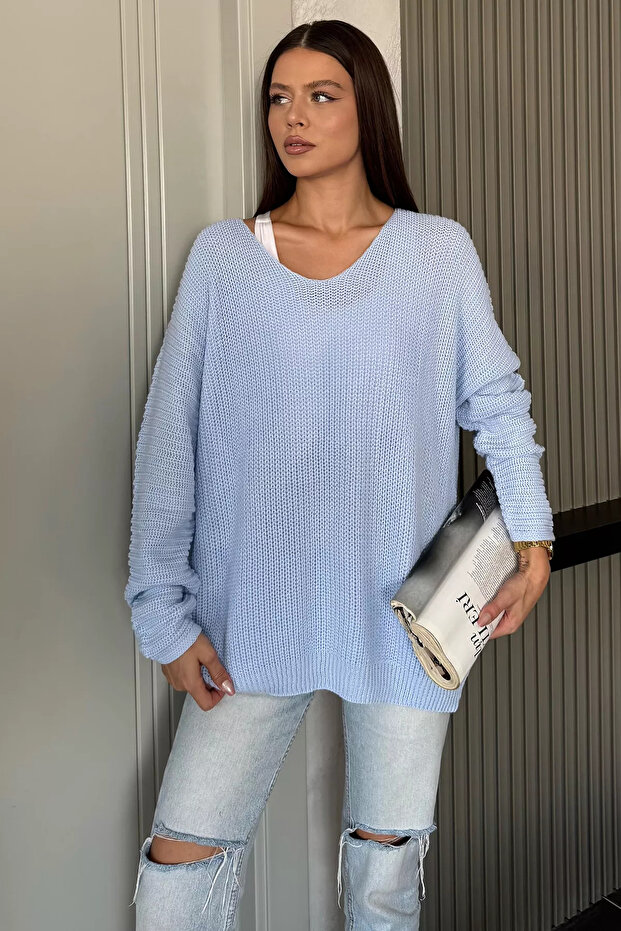Blue V-Neck Casual Knit Blouse (Available in Sizes S, M, L, XL)