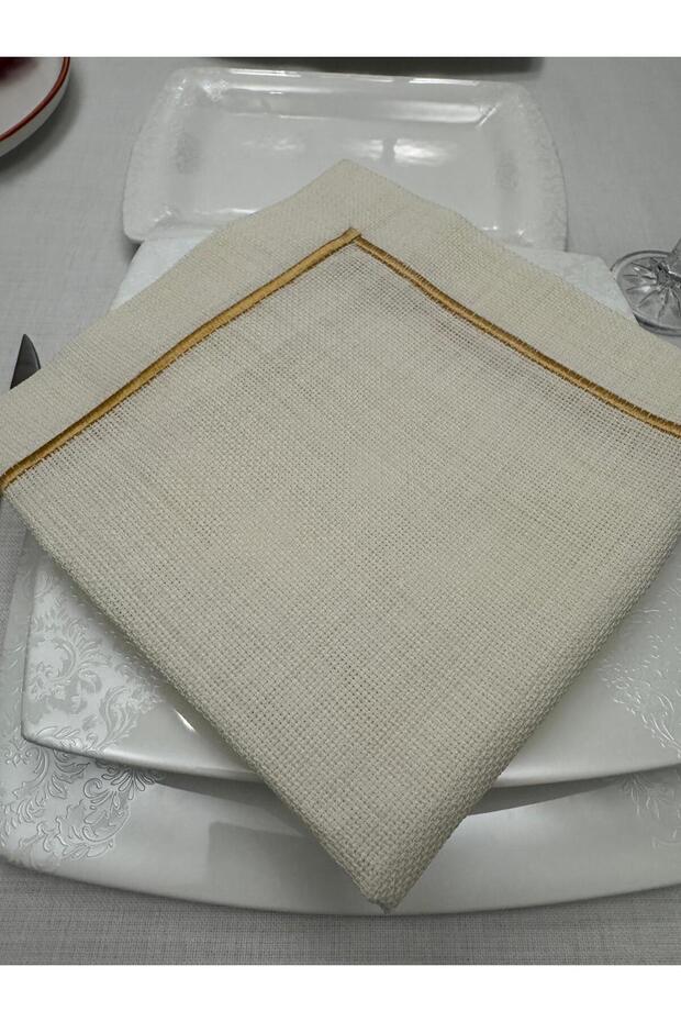 Piko Sarma Detailed Polyester Linen Seamless Cream Presentation Napkin 6 Pieces 40X40