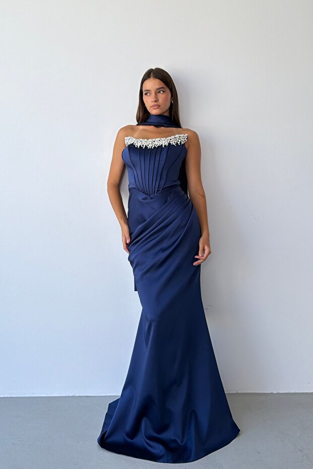 Navy Blue Strapless Collar Stone Embellished Underwire Long Evening Dress with Scarf