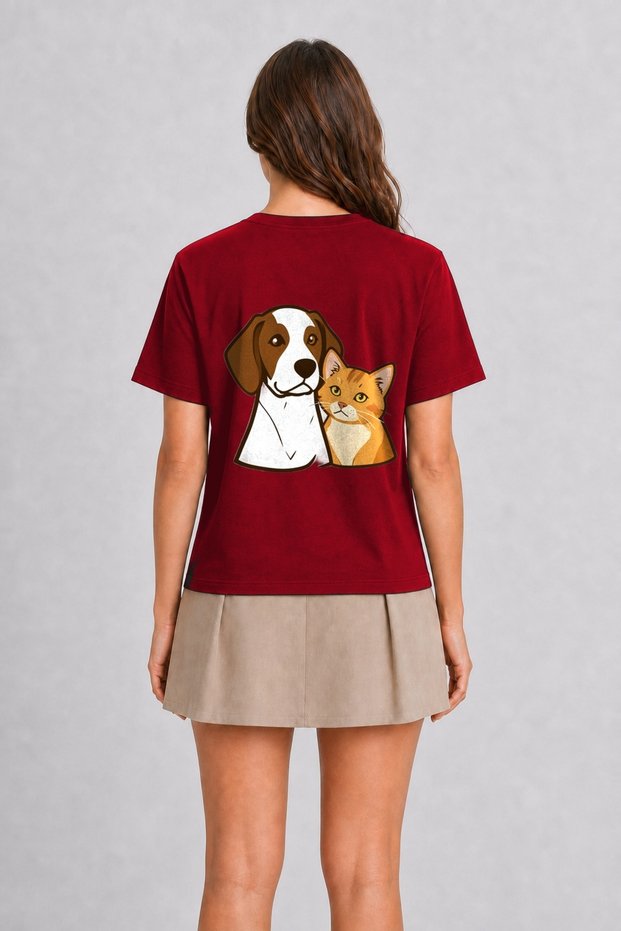 Curious Cat and Dog Minimalist Illustration - Back Print T-Shirt - Red