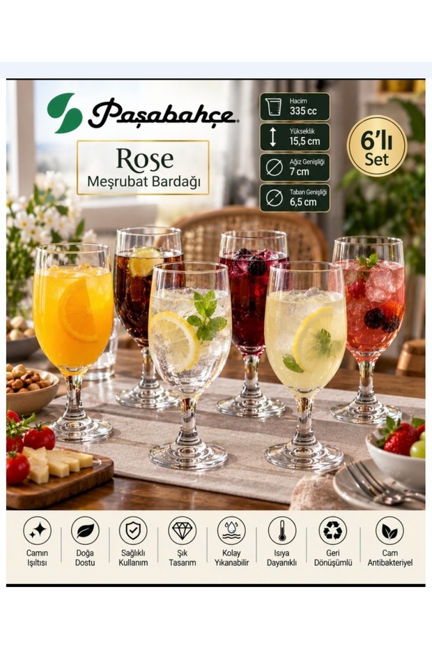 6 Pcs Footed Kadek Tableware Soft Drink Cocktail Glass 335 Cc Volume 15.5 cm Height 7 cm Mouth 6.5 cm Base