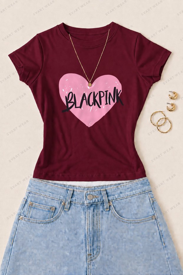 Women's Blackpink Heart Printed Cotton Lycra Slim Fit Body T-Shirt - Burgundy