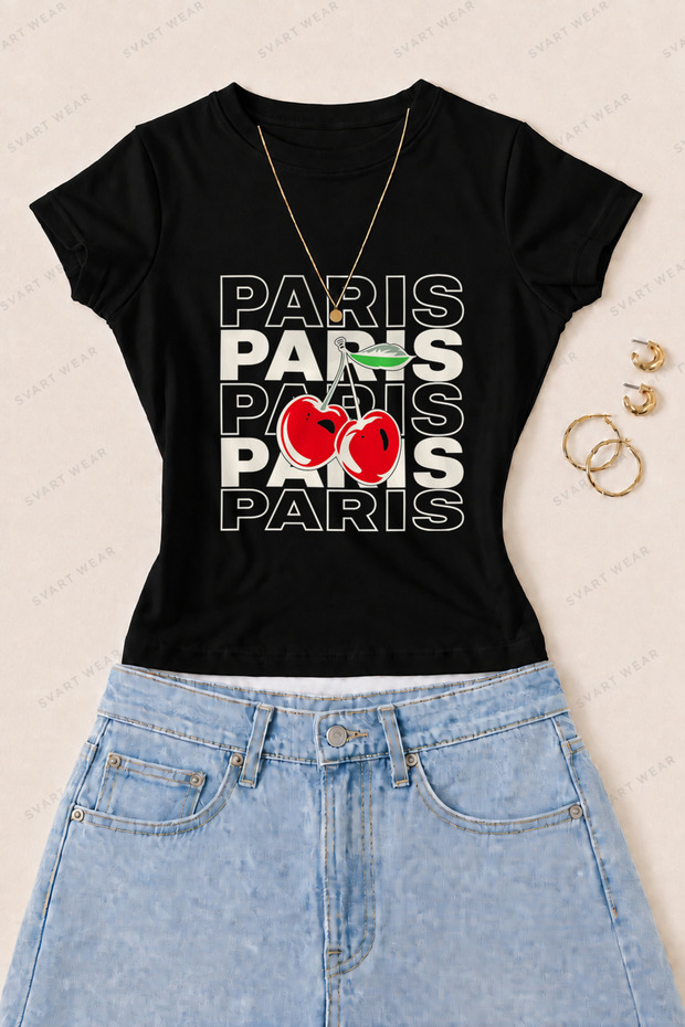 Women's Paris Cherry Printed Cotton Lycra Slim Fit Body T-Shirt - Black