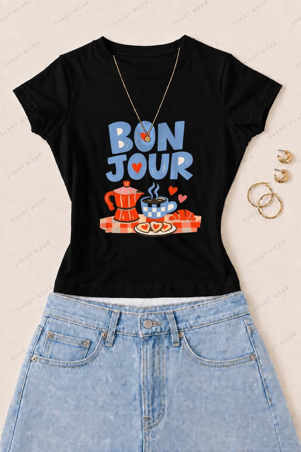 Women's Bonjour Coffee Printed Cotton Lycra Slim Fit Body T-Shirt - Black