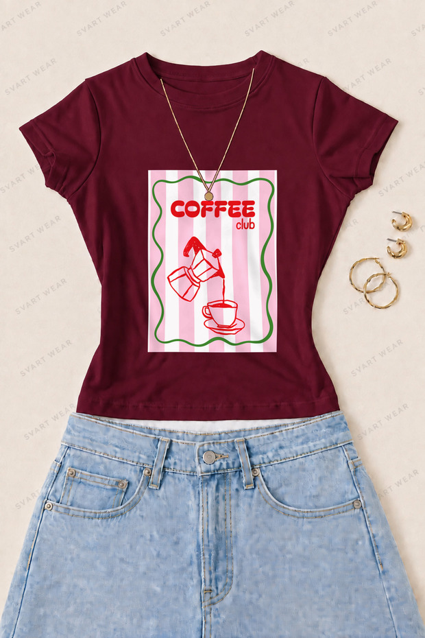 Women's Coffee Club Printed Cotton Lycra Slim Fit Body T-Shirt - Burgundy