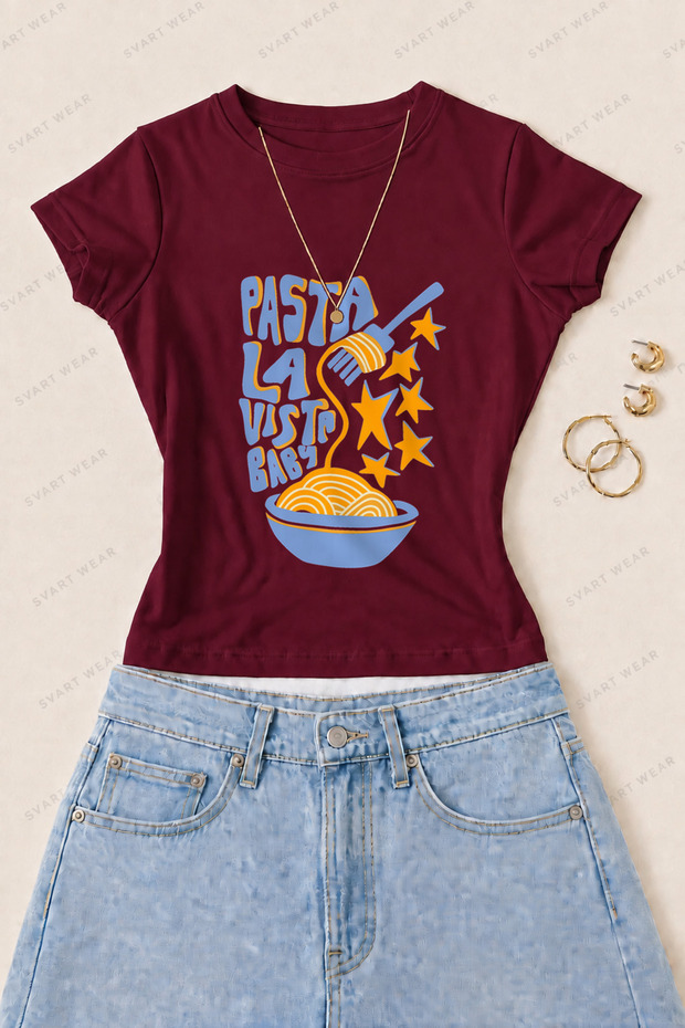 Women's Pasta La Vista Printed Cotton Lycra Slim Fit Body T-Shirt - Burgundy