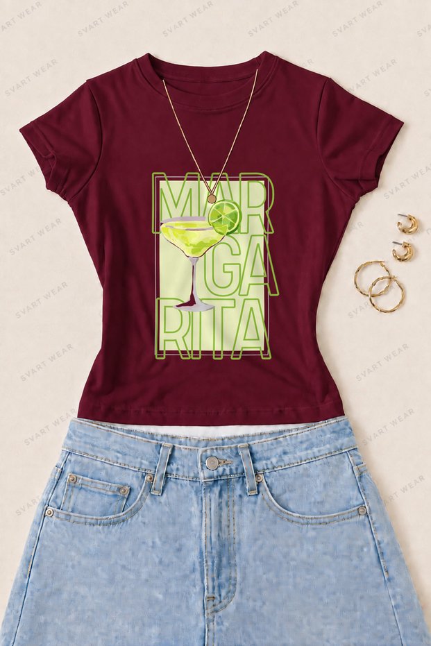 Women's Margarita Graphic Printed Cotton Lycra Slim Fit Body T-Shirt - Burgundy