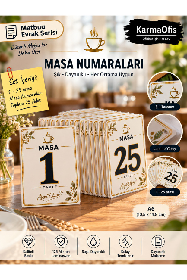 مجموعة أرقام الطاولات المغلفة A6 من 1 إلى 25 | ترقيم طاولات المقهى والمطعم