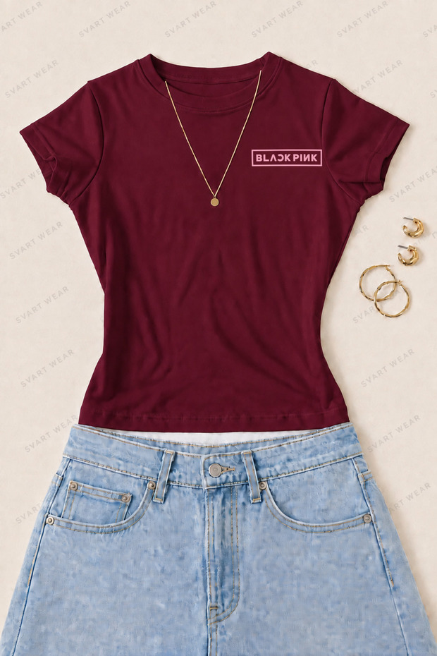 Women's Blackpink Text Printed Cotton Lycra Slim Fit Body T-Shirt - Burgundy