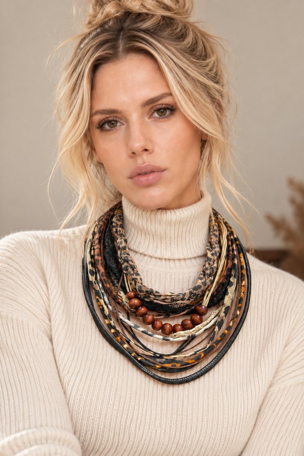 Matière Sauvage Special Design Layered Necklace | Bohemian Statement Necklace | Handmade Necklace with Wooden Beads, Leather and Fabric Details