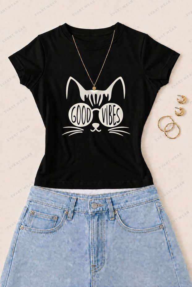 Women's Good Vibes Cat Printed Cotton Lycra Slim Fit Body T-Shirt - Black