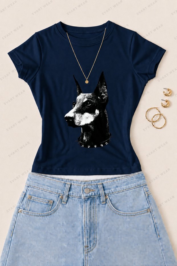 Women's Black and White Doberman Printed Cotton Lycra Slim Fit Body T-Shirt - Navy Blue