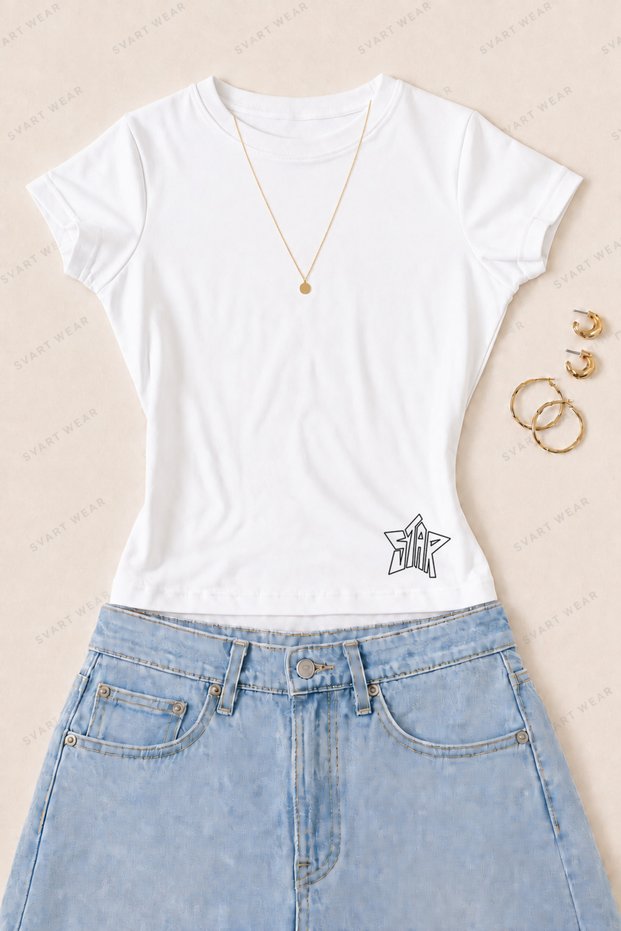 Women's Star Striped Star Printed Cotton Lycra Slim Fit Body T-Shirt - White
