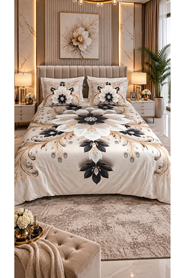 Golden Elegance Cotton Double Duvet Cover Set with 6-Piece Fitted Sheets