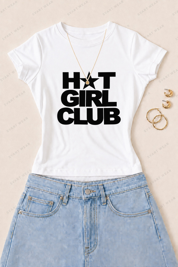 Women's Hot Girl Club Printed Cotton Lycra Slim Fit Body T-Shirt - White