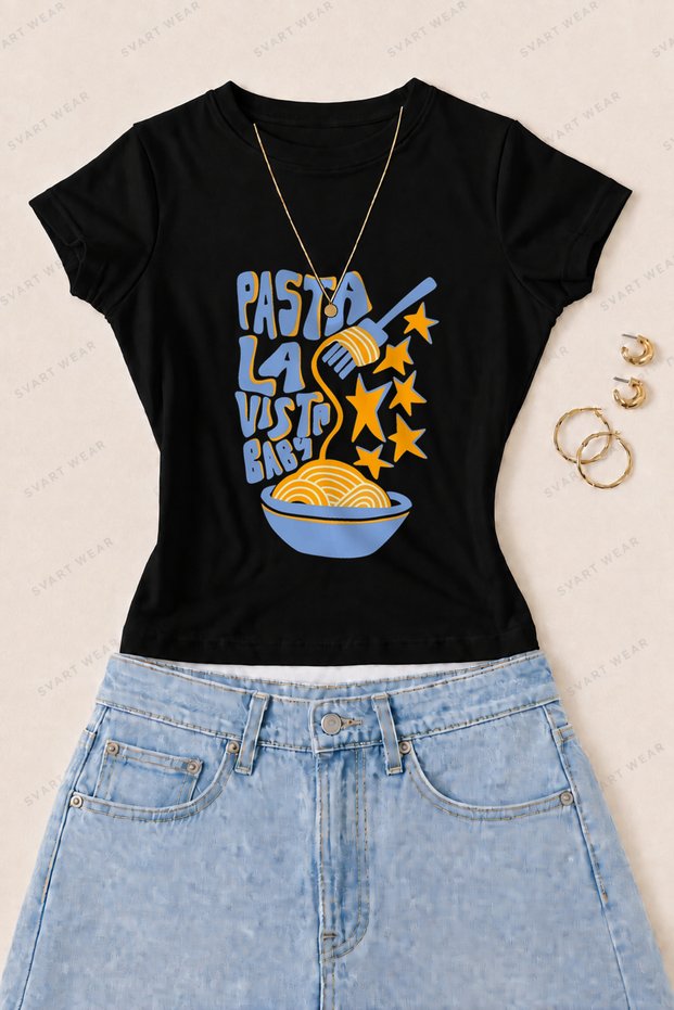 Women's Pasta La Vista Printed Cotton Lycra Slim Fit Body T-Shirt - Black