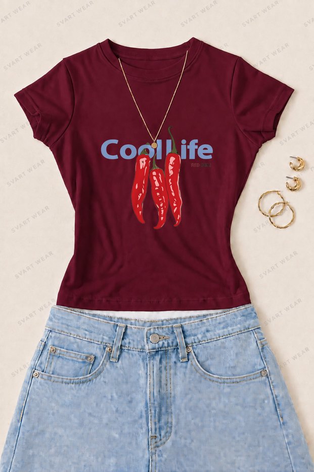 Women's Cool Life Pepper Printed Cotton Lycra Slim Fit Body T-Shirt - Burgundy
