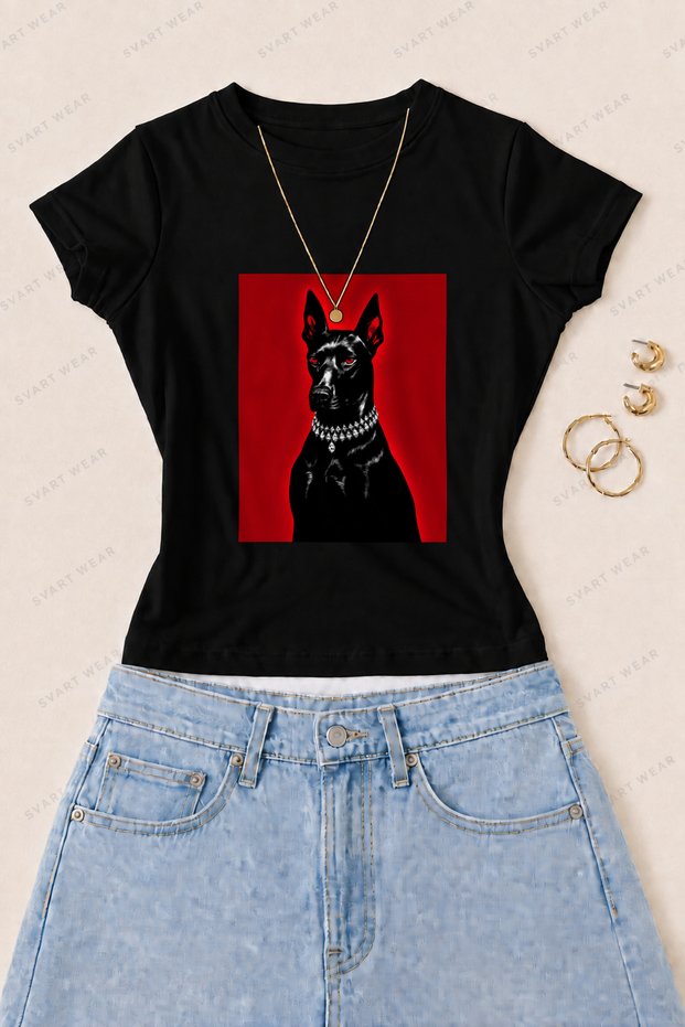 Women's Doberman Portrait Printed Cotton Lycra Slim Fit Body T-Shirt - Black