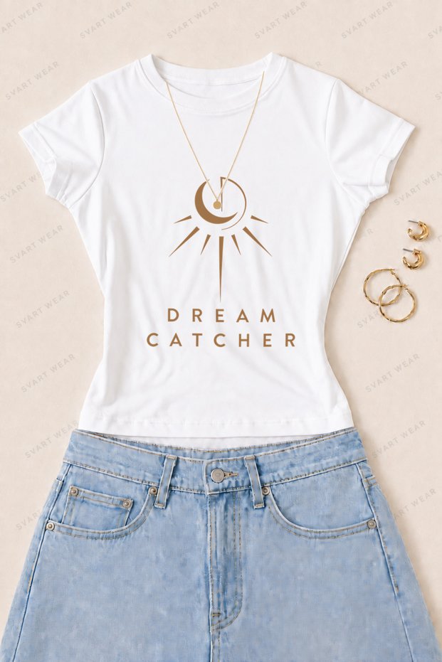 Women's Dream Catcher Printed Cotton Lycra Slim Fit Body T-Shirt - White