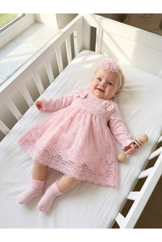 Baby Girl Mevlütlük Dress with Bandana and Lace, Newborn Hospital Release Wedding Dress Evening Dress 100% Cotton Mevlitlik 4038