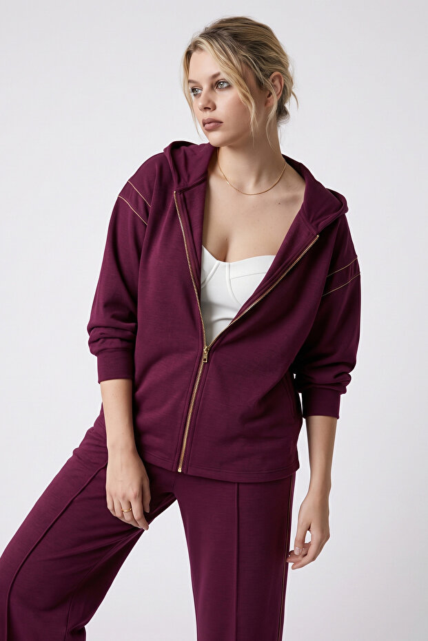 Women's Burgundy Modal Soft Touch Stripe Detailed Sporty Stylish Top and Bottom Set