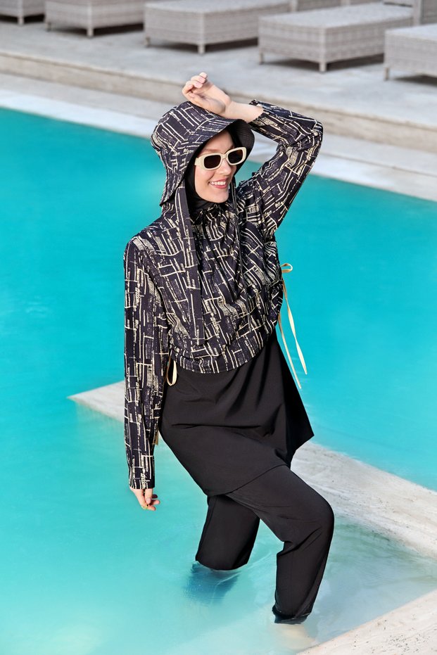 Women's Hijab Swimsuit 5 Piece Full Covered Swimwear Set Long Sleeve Uv Protection Patterned Swimmer Swimsuit