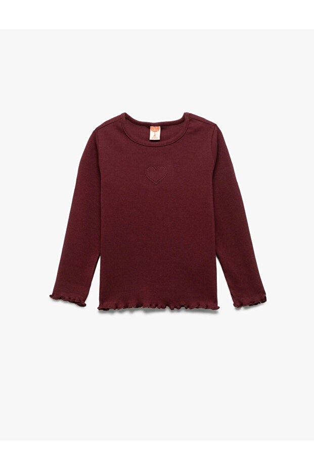 Cotton Long Sleeve Crew Neck Heart Embroidery Detail T-Shirt