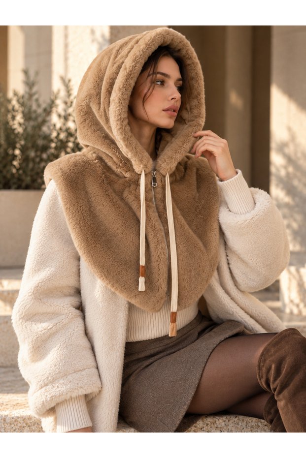 Women's Camel Hooded Plush Neck Collar Byn06