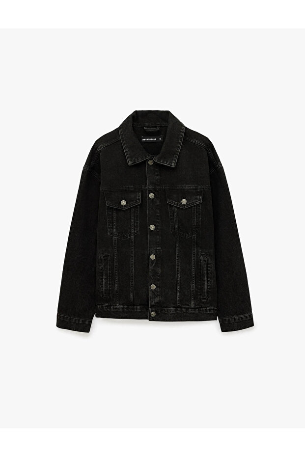 Long Sleeve Cotton Covered Pocket Buttoned Shirt Collar Jean Jacket