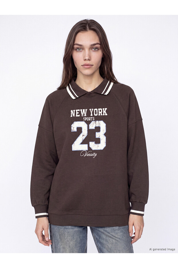 Alita City Farkıyla Lcw Modest Brown 3 Thread Printed Oversize Women's Sweatshirt Tunic