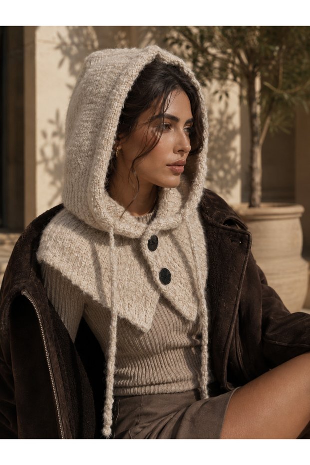 Women's Beige Knitwear Balaklava Neck Collarbyn09