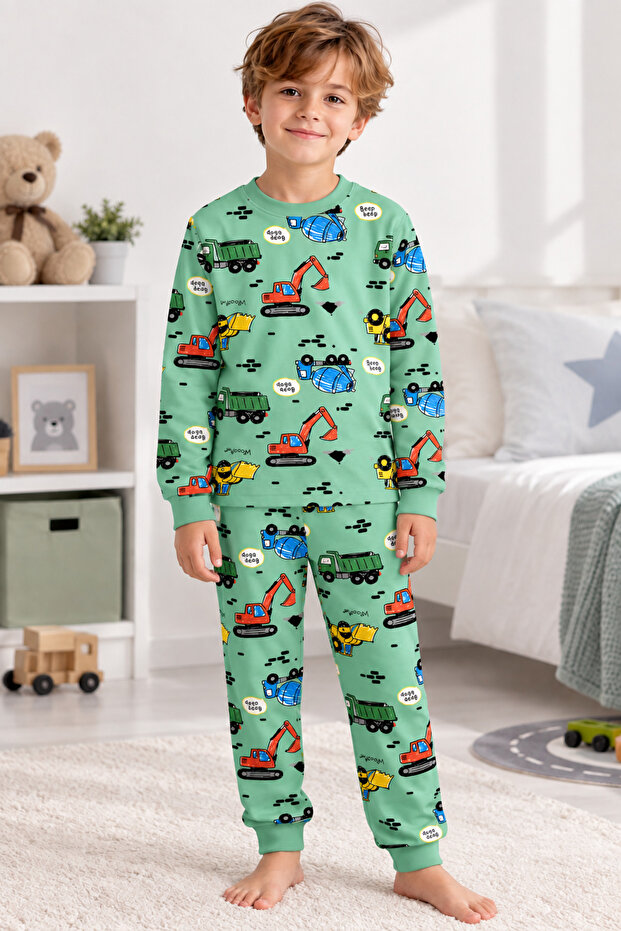 Elmas Kids Male Child 100% Cotton Work Machine Pattern Long-Sleeve Lycra Pajama Set
