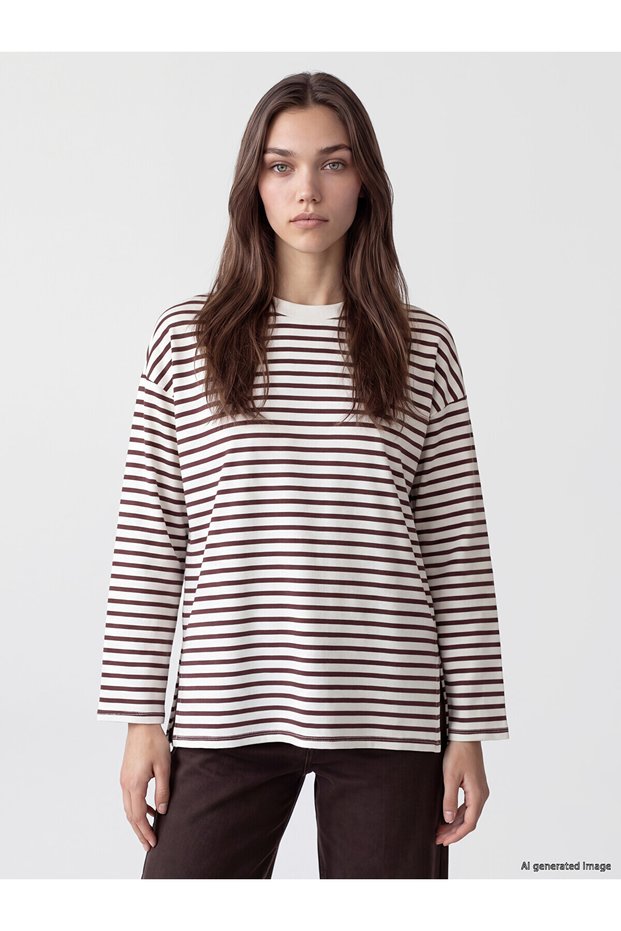 Two Mt Shop Quality Lcw Modest Mürdüm 2 Thread Striped Oversize Women's Sweatshirt Tunic