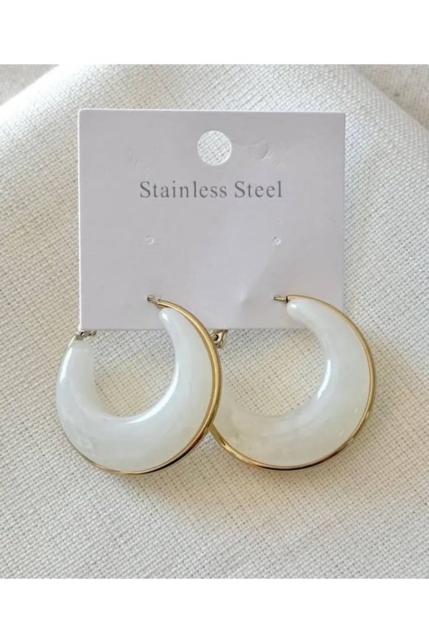 Women's Gold-White Color Acrylic Hoop Earrings - Stylish Elegant Modern Design Earrings 316L Steel Anti-Allergic