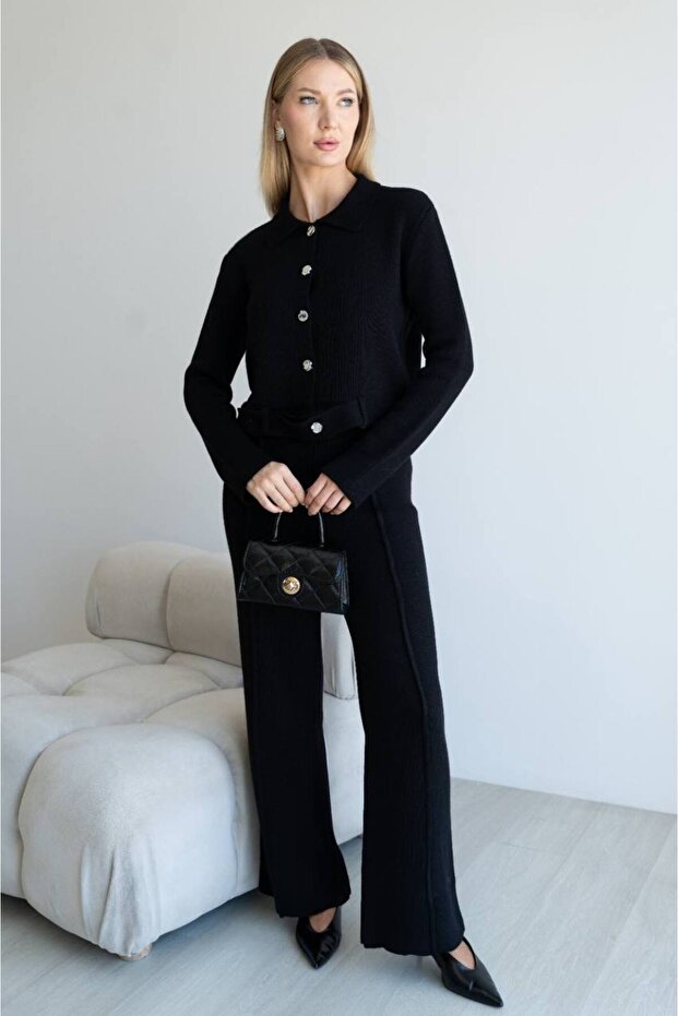 Women's Button Detailed Belted Top and Bottom Knitwear Set