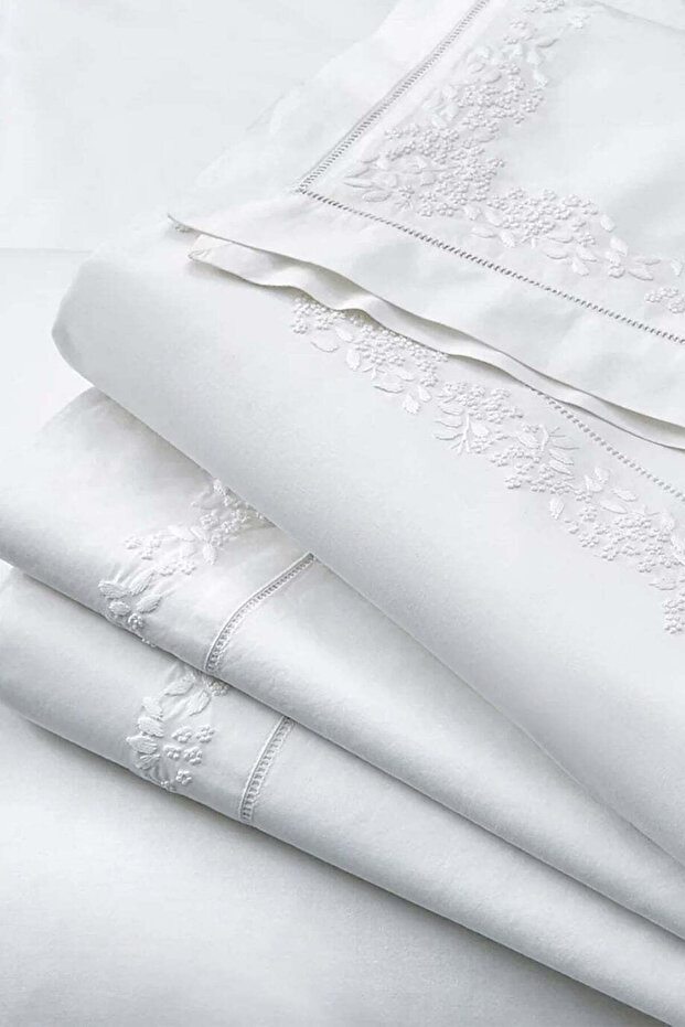 Adeline Embroidered Cotton Flat Sheet - White, Single 180 × 275 cm