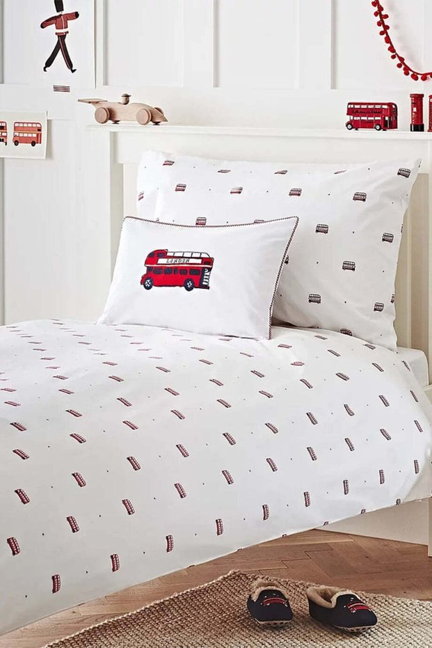 London Bus Cotton Kids Single Duvet Cover Set - White, Single 50 × 75 cm Pillowcase 1