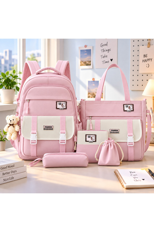 5-Piece School Backpack Set with Tote Bag, Pencil Case, Zip Pouch & Drawstring Pouch