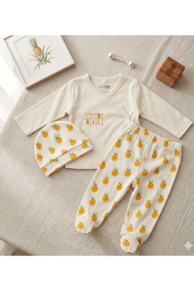 Pineapple Themed 3-Piece Bodysuit Set - Newborn Hospital Discharge Baby Outfit