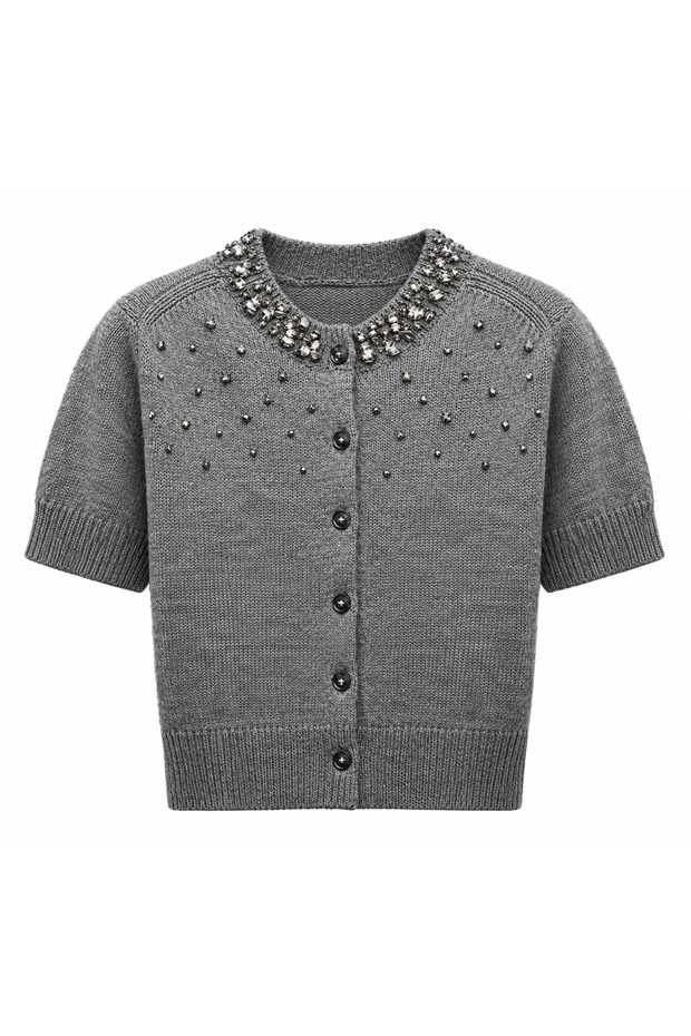 Stone Detailed Short Gray Cardigan
