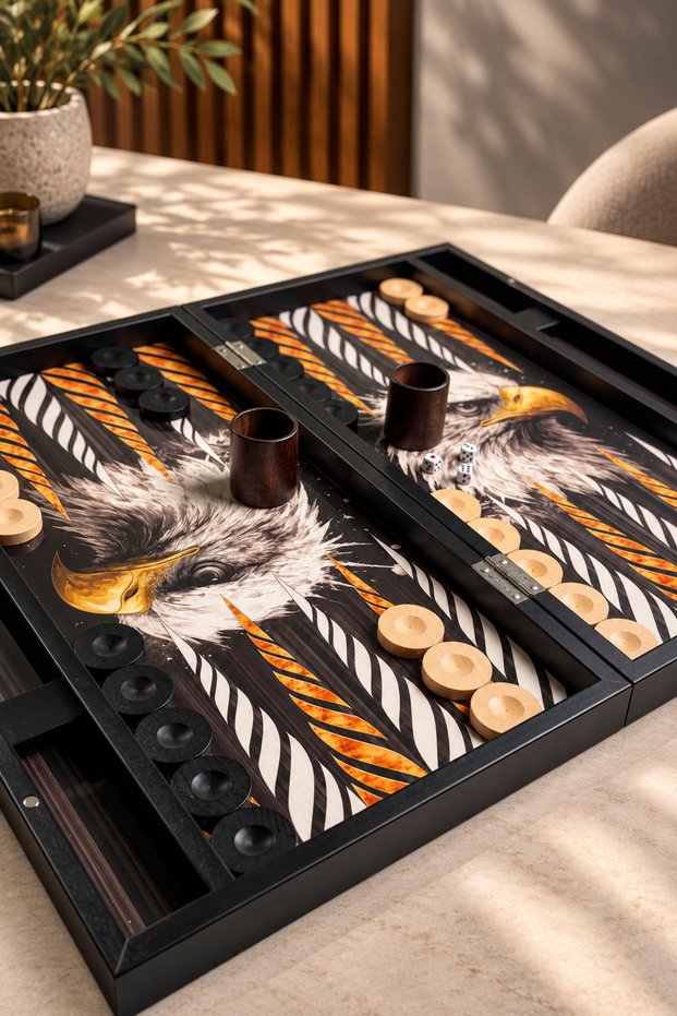 Luxury Large Size Classic Backgammon Set, Backgammon Set Black Eagle Themed, Gift Backgammon Dimensions: 49X29X6.2 cm