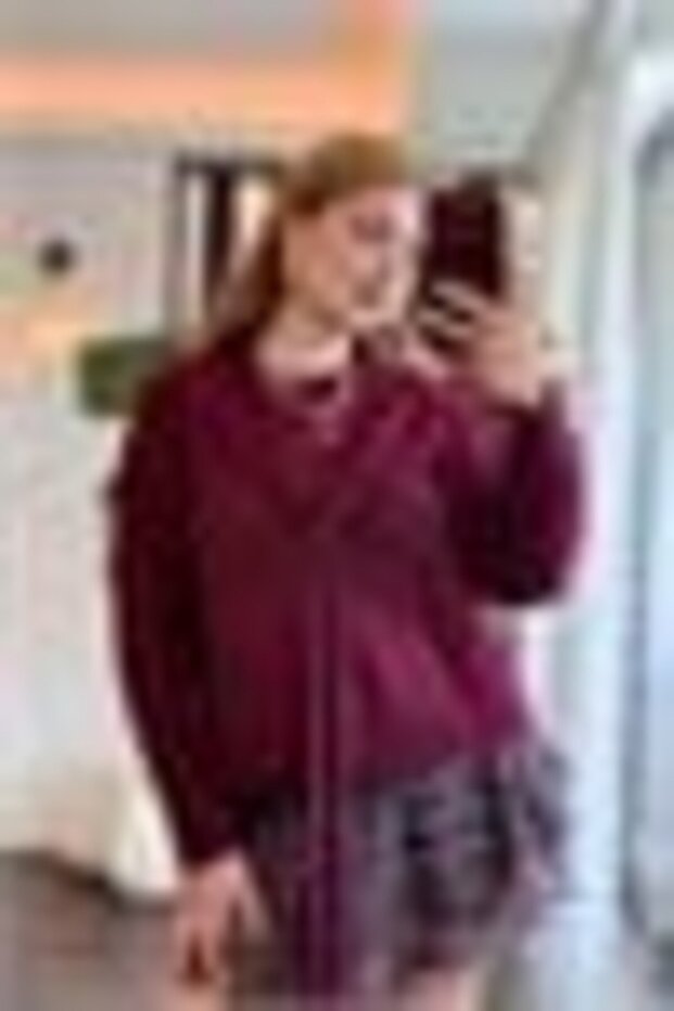 Burgundy Knitwear Knitted Crew Neck Long Sleeve Standard Fit Sweater with Patchwork Detail