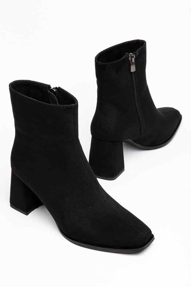 Women's Heeled Boots with Blunt Toe and Suede Zipper Detail